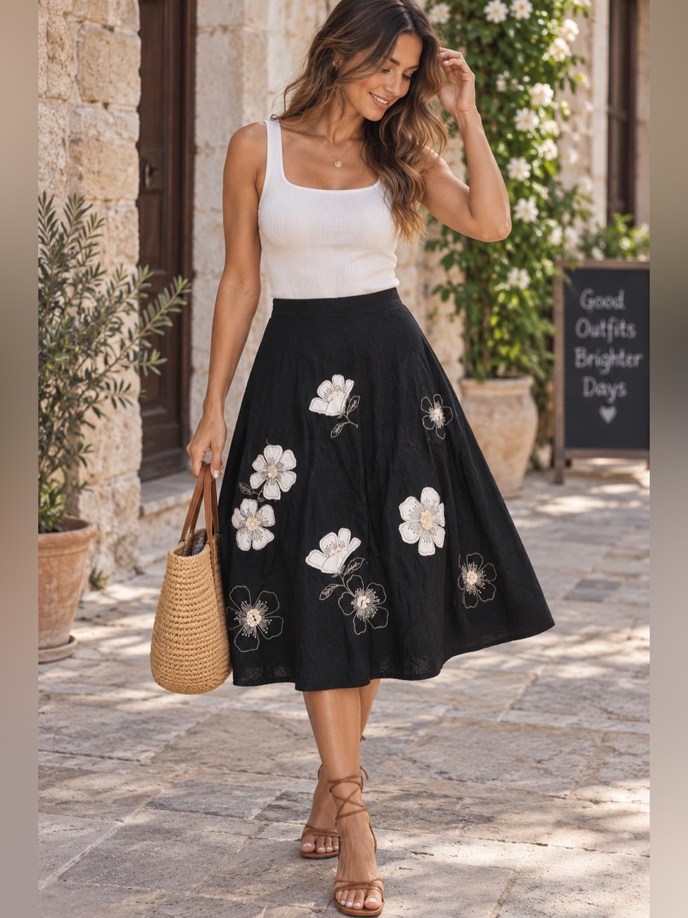 Black Midi Skirt with White Floral Appliqué
